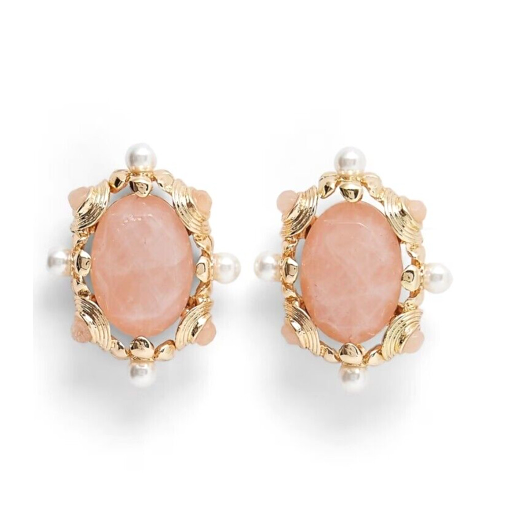 Express Pearl Embellished Stone Oval Stud Earrings Pink White Gold